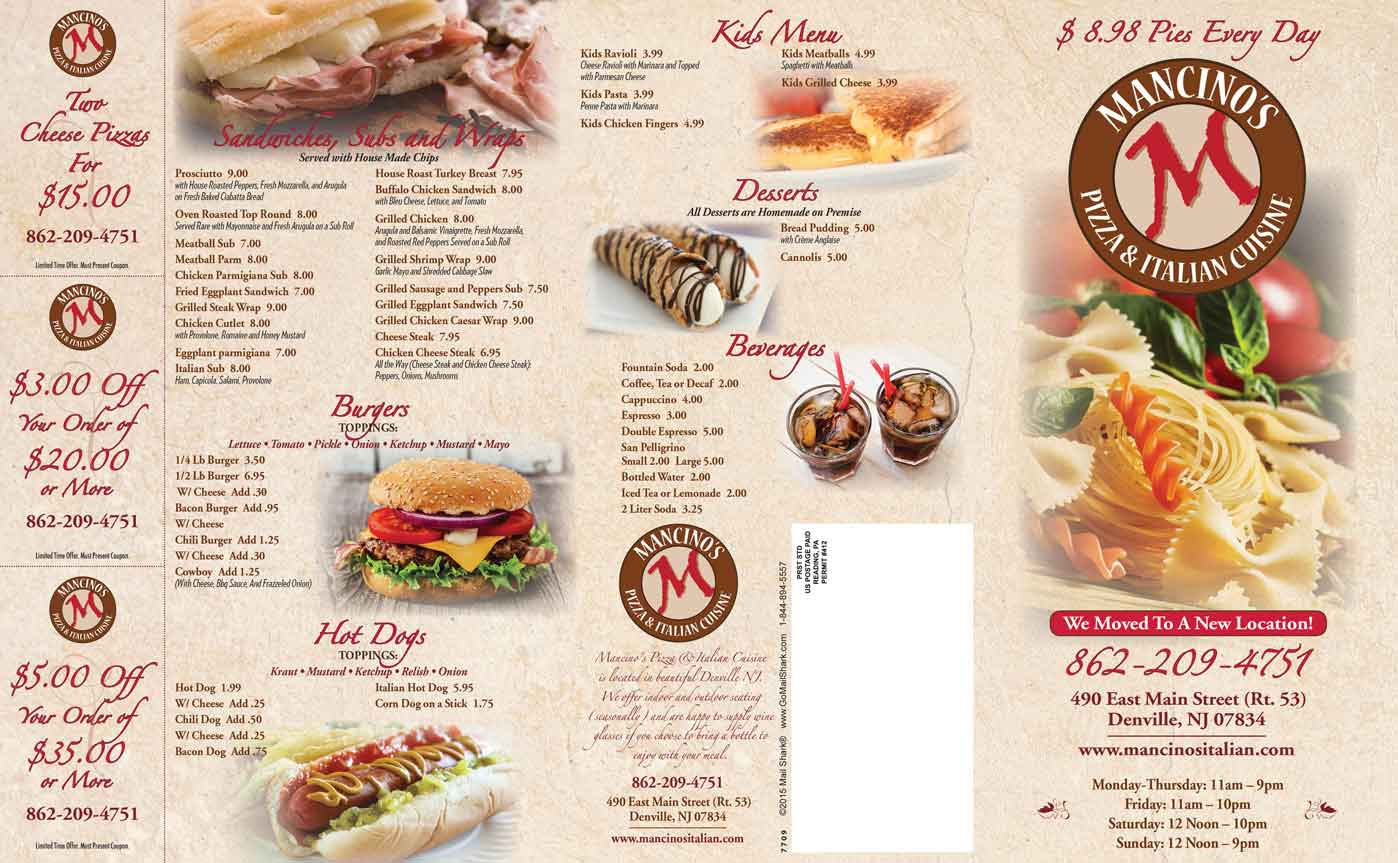 Manceno’s Pizza & Italian Cuisine menu design - front