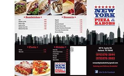 New York Pizza & Kabaobs restaurant menu design - front