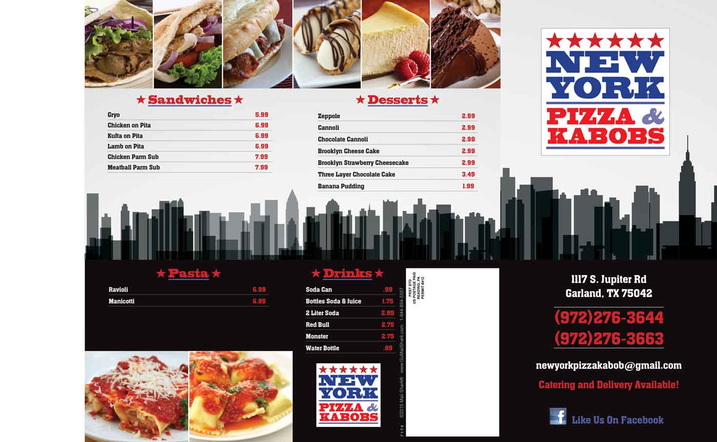 New York Pizza & Kabaobs restaurant menu design - front