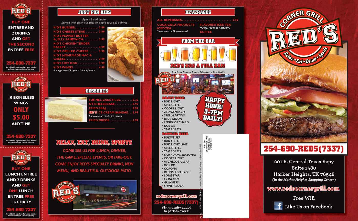 Red’s Corner Grill restaurant menu design - front