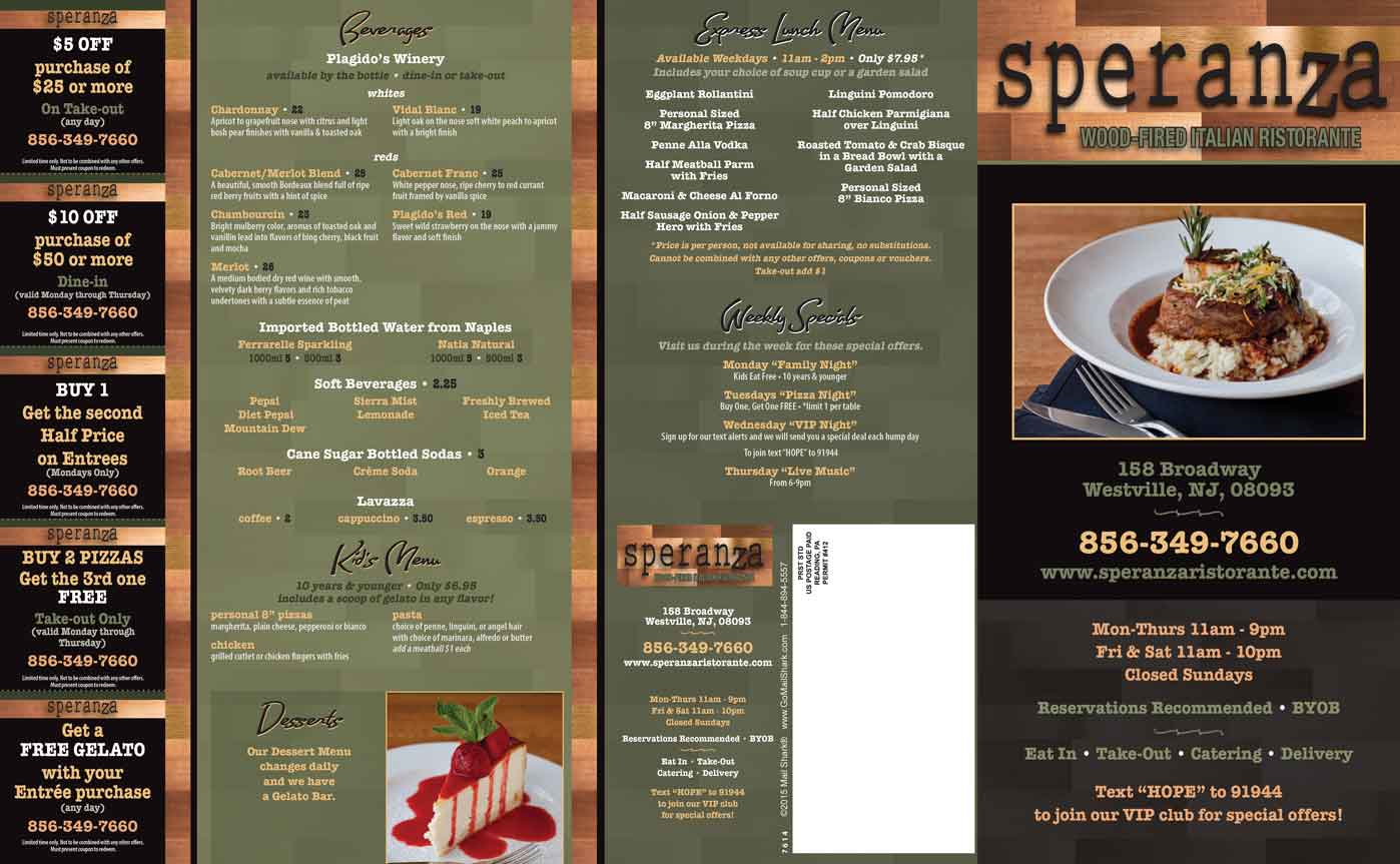 Sperenza Italian Ristorante menu design -front