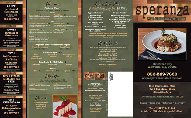 Sperenza Italian Ristorante menu design -front
