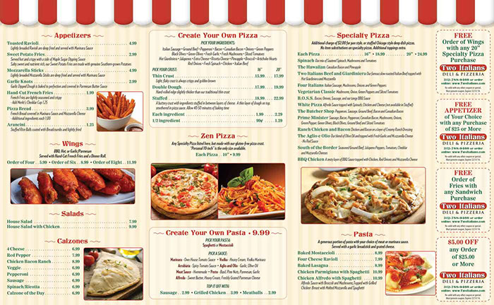 Two Italians Deli & Pizzeria menu design - inside