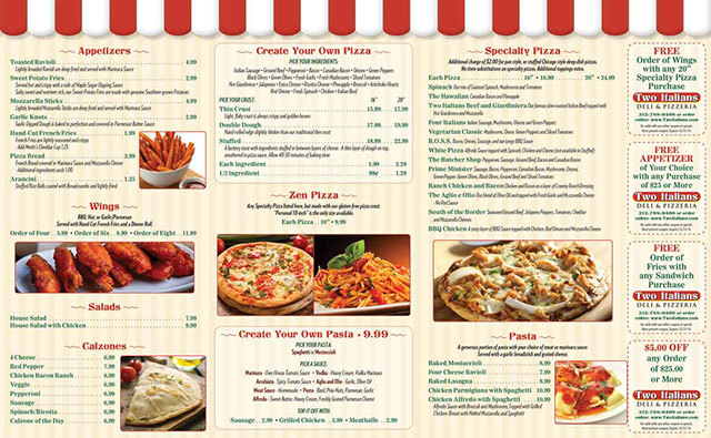 Two Italians Deli & Pizzeria menu design - inside
