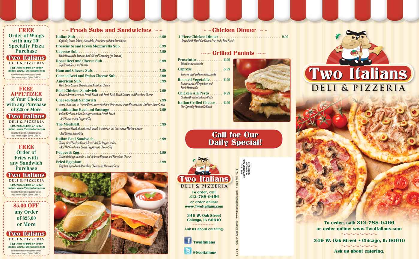 Two Italians Deli & Pizzeria menu desing - front