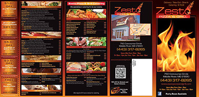 Zesto Pizza & Grill menu design - front